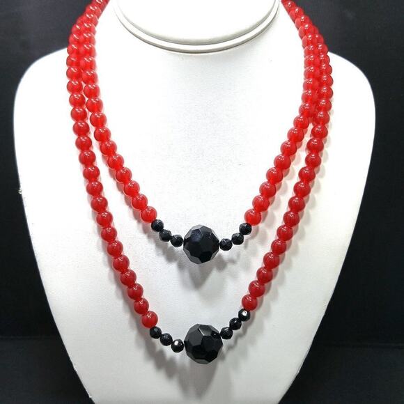 Red Black Glass Beaded Necklace, Two Strands, 18 Inches, Toggle Clasp On Wire - Picture 1 of 7